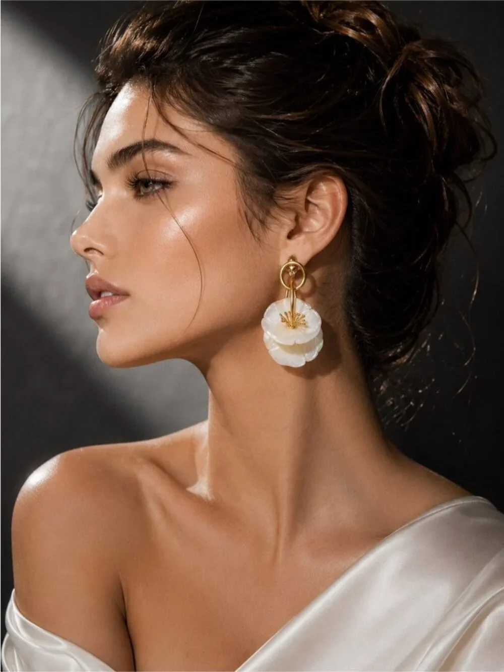 Gold and White Floral Drop Earrings